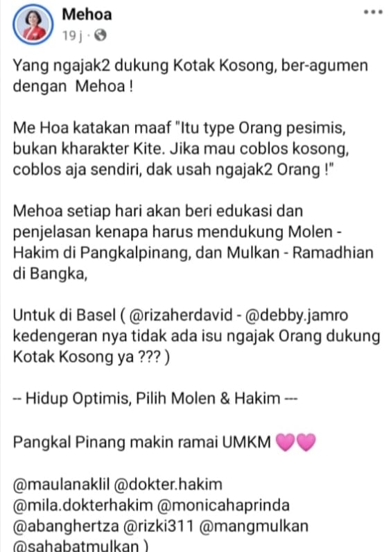 Mehoa Ditantang Diskusi Setelah Postingan di FB tentang Dukungan Kotak Kosong