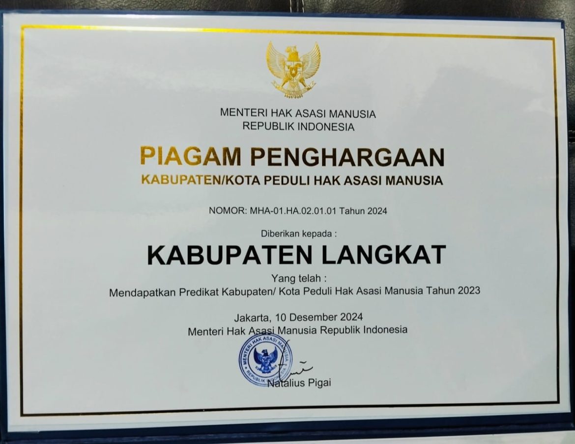 Pemkab Langkat Raih Piagam Kabupaten Peduli HAM Nasional 2024: Bukti Nyata Komitmen & Kolaborasi.