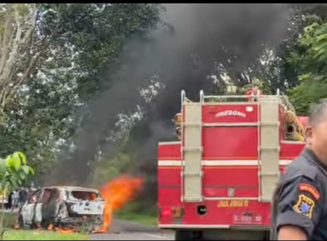 Sebuah mobil Terbakar di Kawasan Desa Linggoasri, Polisi dan Damkar Kabupaten Pekalongan Gerak Cepat