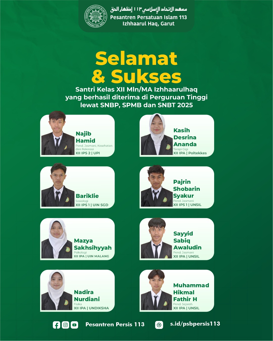 Prestasi Membanggakan! Santri MA Izhhaarulhaq Lolos Seleksi Perguruan Tinggi Ternama
