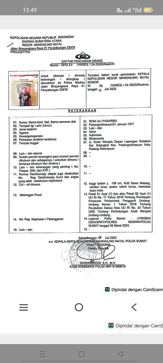 DPO Kasus Pemerkosan Pelaku Roni Uli Pasaribu Resmi di Tetap Polres Madiana.   