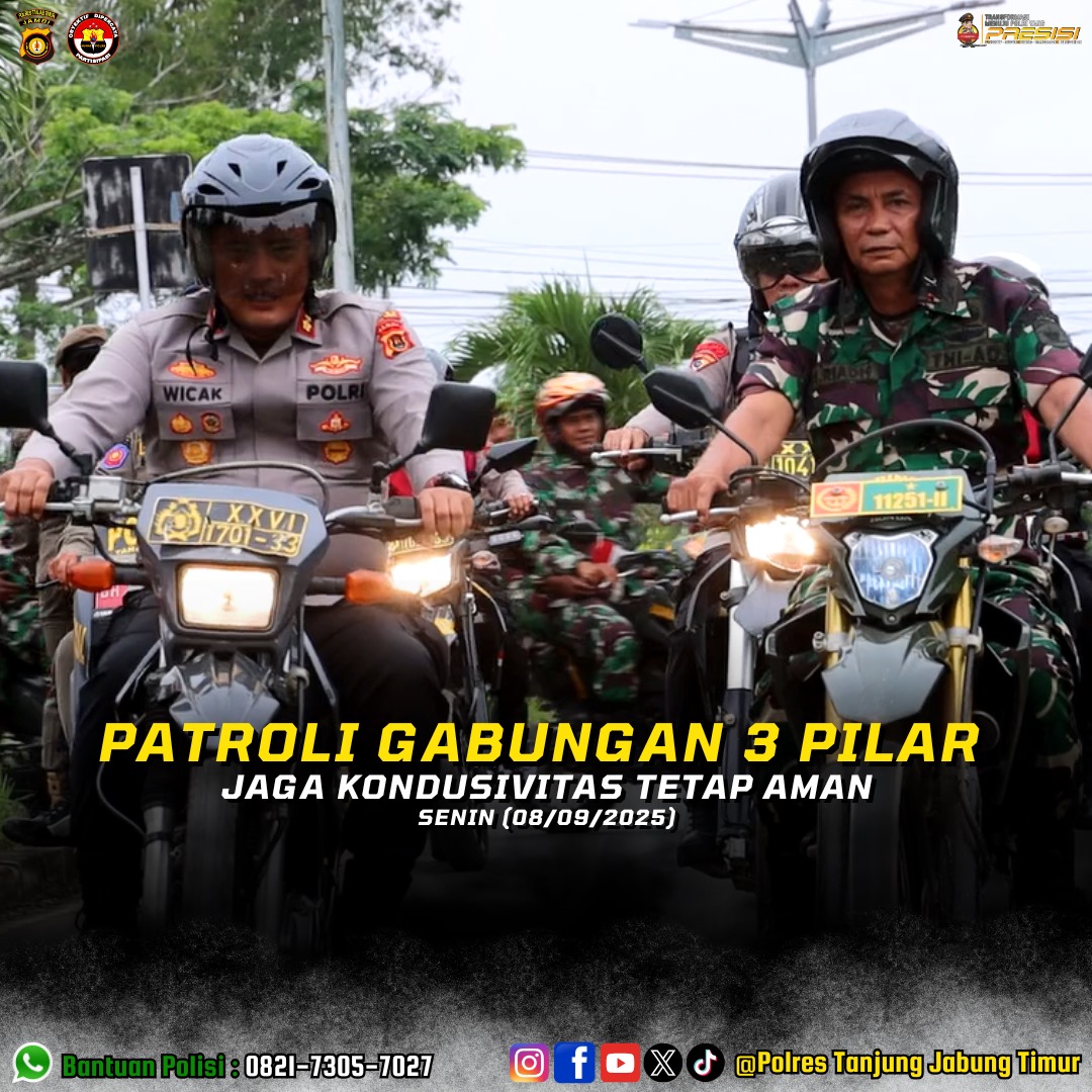 Polres Tanjung Jabung Timur Libatkan TNI, Pol PP Dan Damkar Lakukan Patroli Skala Besar, Jaga Kondusivitas Tetap Aman   