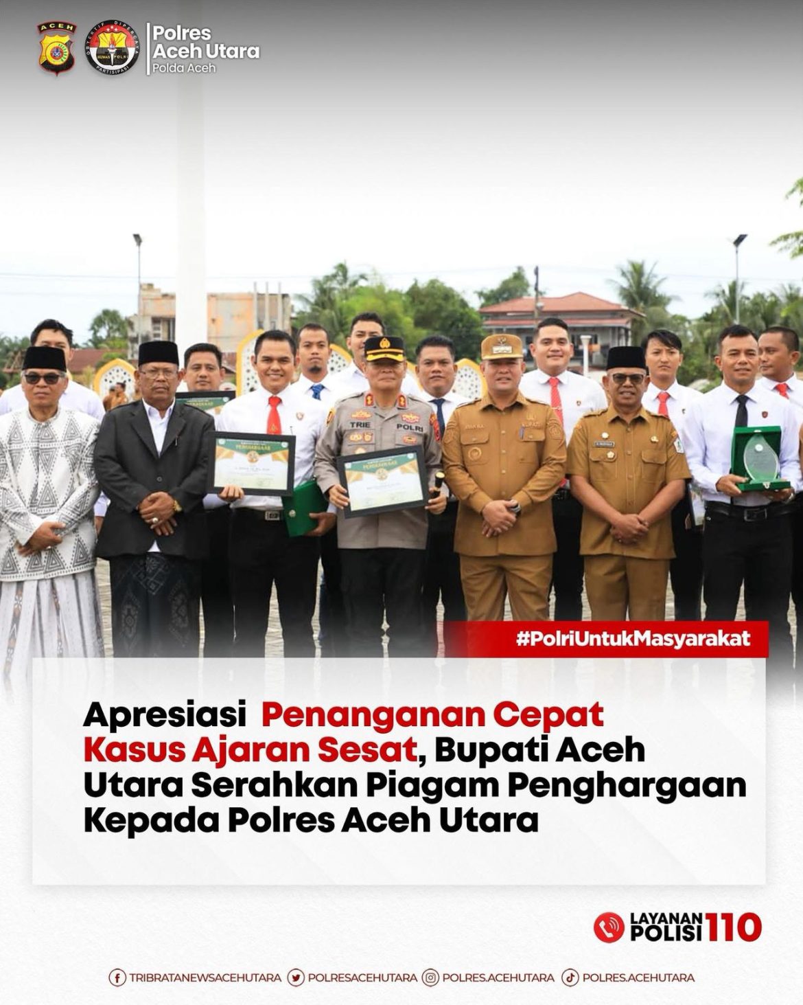 Apresiasi Penanganan Cepat Kasus Ajaran Sesat, Bupati Aceh Utara Serahkan Piagam Penghargaan Kepada Polres Aceh Utara   