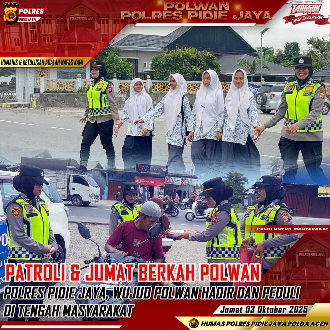 Polwan Polres Pidie Jaya Gelar Patroli dan Jumat Berkah, Wujudkan Polisi Peduli dan Humanis   