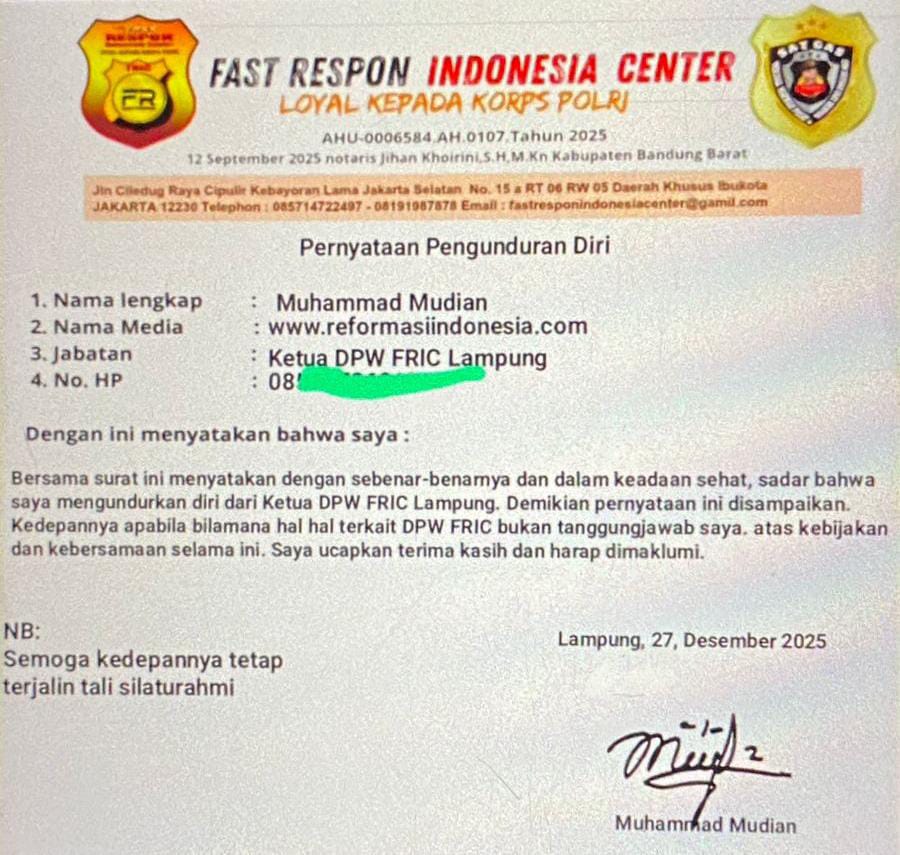 “Penegasan’ Fast Respon Indonesia Center (FRIC). >Bahwa Nama Ini Bukan Lagi Anggota FRIC dan Sudah Dikeluarkan. 